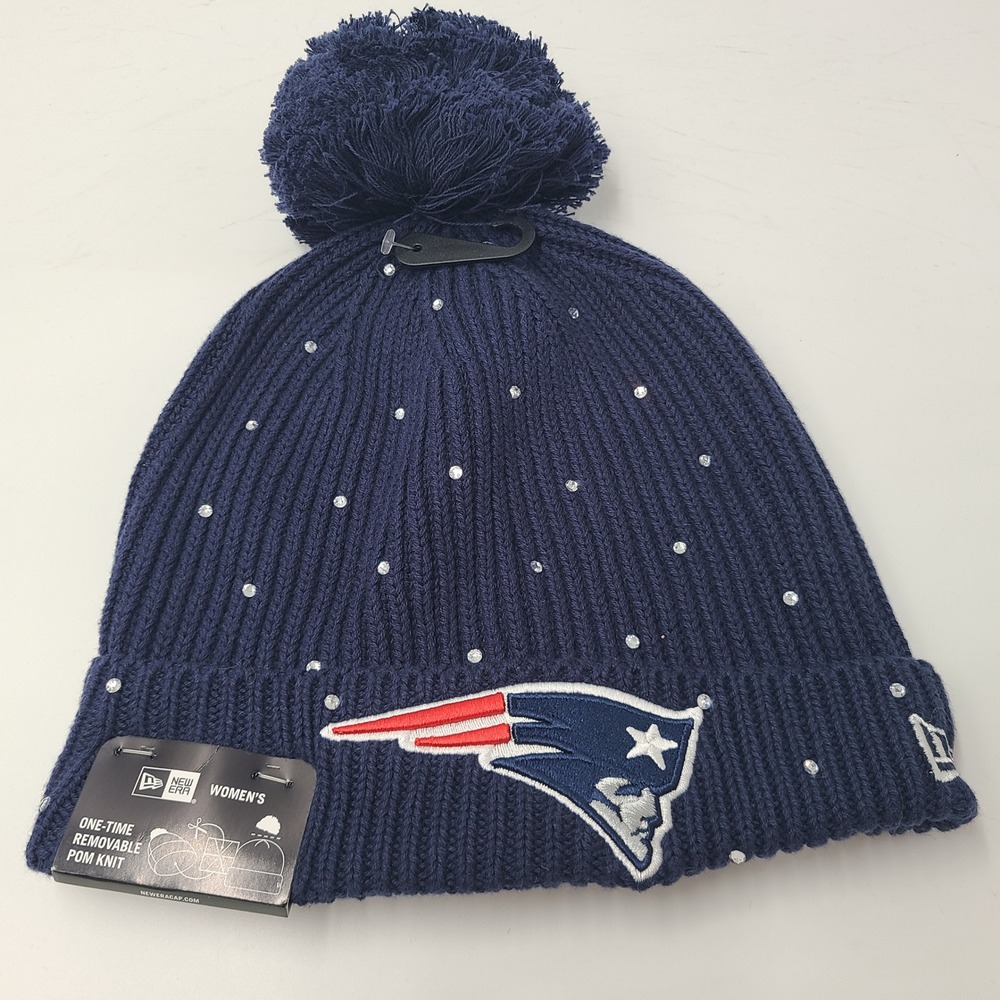 Women New England Patriots Hat Beanie New Era Blue NFL Rhinestone Removable Pom